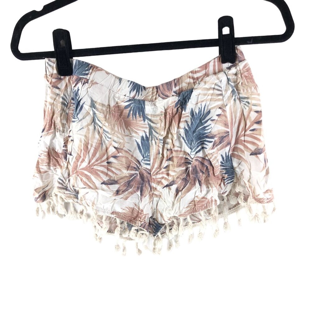 Paper Crane Womens Tropical Leaf Print Shorts Tassel Hem White Green Brown M